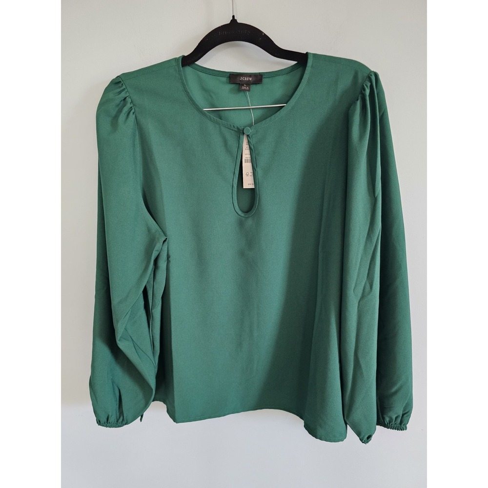 J Crew Shirt Womens Large Holiday Green Puff Sleeve Satin Back Crepe - Picture 1 of 5